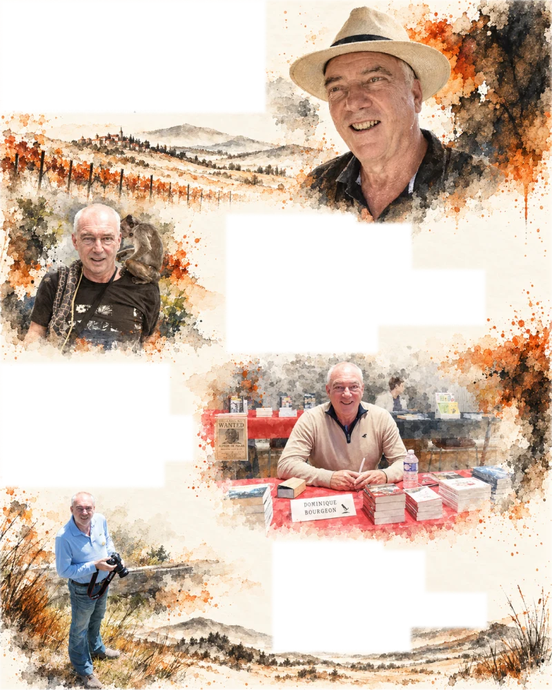 Composition aquarellée de Dominique Bourgeon : portrait au chapeau dans les vignes, voyage, dédicace de livres et photographie en plein air.