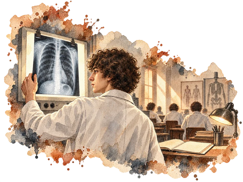 Illustration à l’aquarelle de Dominique, jeune soignant, devant un cliché de radiologie dans un institut de formation.