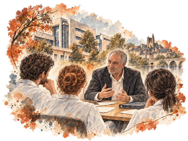 Scène d’échange et de coordination autour d’une table, dans un lavis aux tons sépia et cuivre.