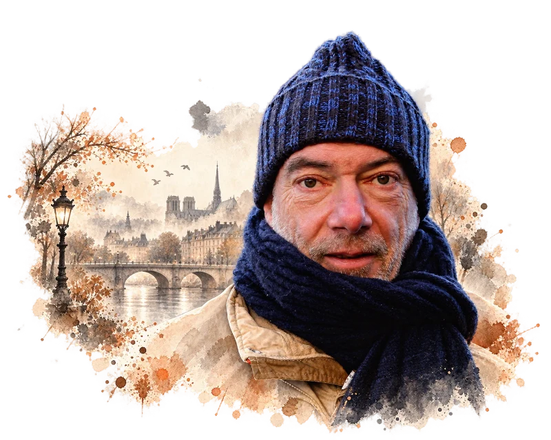 Portrait actuel de Dominique Bourgeon, bonnet bleu et écharpe sombre, fondu dans un décor urbain aquarellé.